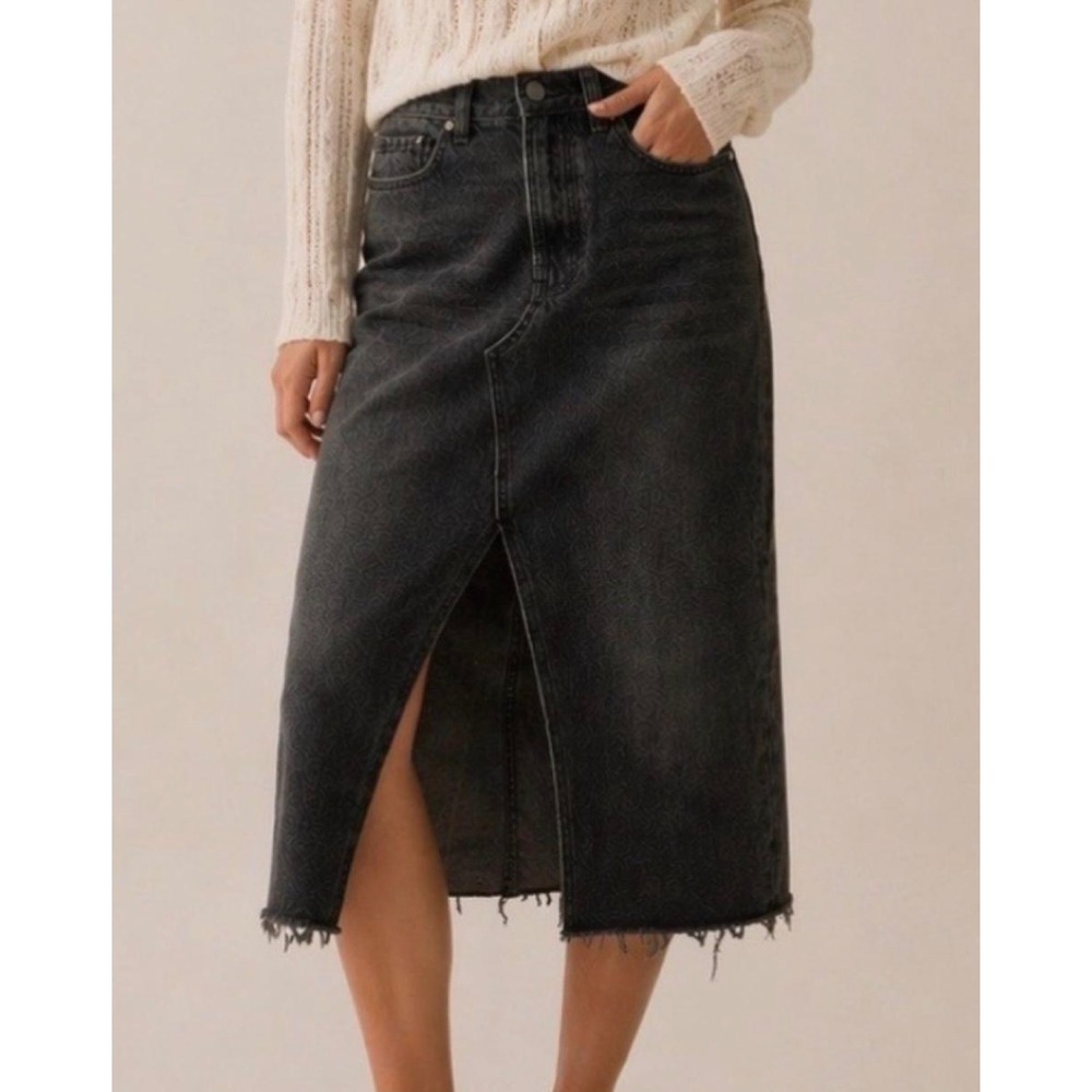 Altar'd State Grunge Washed Black Denim Midi Skirt Front Slit Raw Hem Size Large